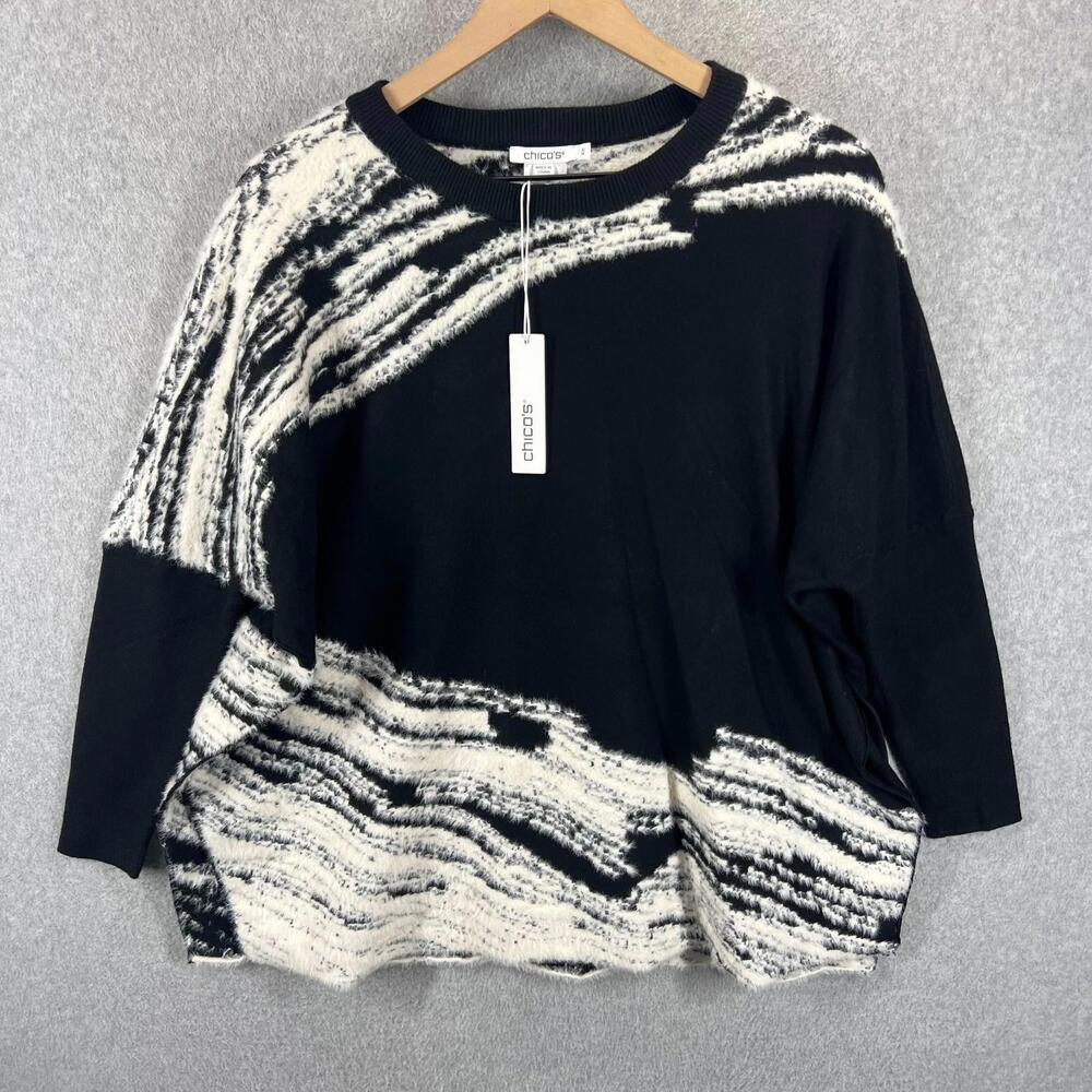 Chicos Sweater Poncho Abstract Back‎ White Dolman Womens S/M Soft Faux Fur NWT